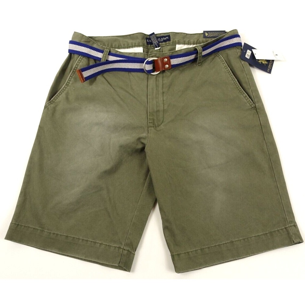 US Polo Assn Twill Shorts Men 32 Belted Worn Look Flat Front Cotton Green